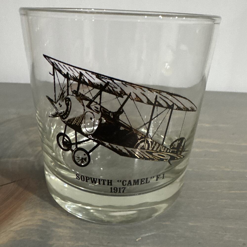 Vintage ‘Plane’ Bar Glass Tumbler 3 1/2" Sopwith “Camel” F-1 1917 MCM Rare